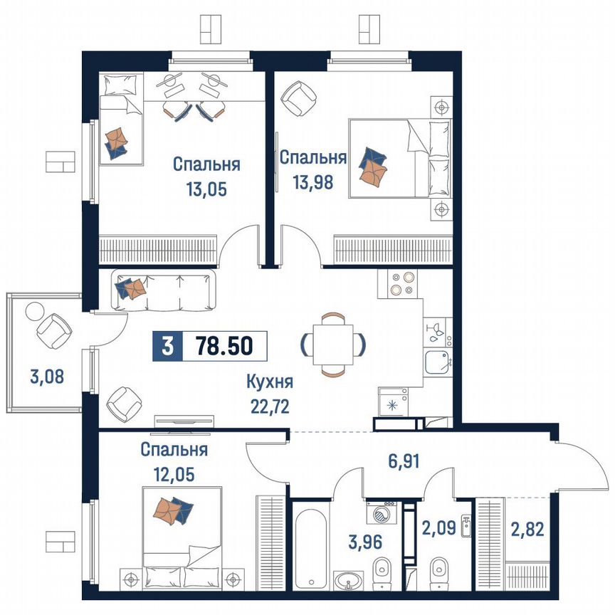 3-к. квартира, 78,5 м², 4/18 эт.
