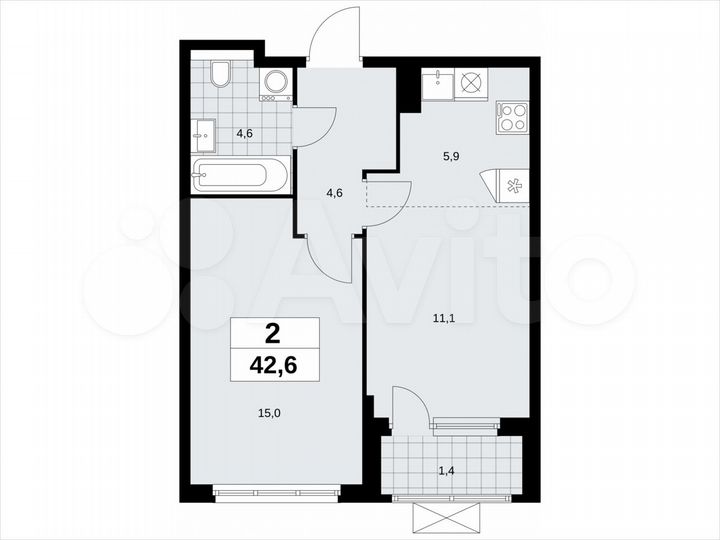 2-к. квартира, 42,6 м², 12/19 эт.