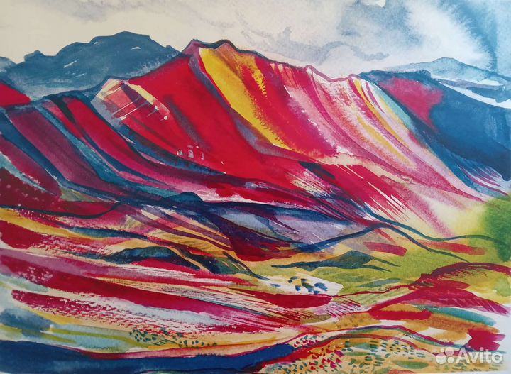 Принт Горы Перу - пейзаж акварель
