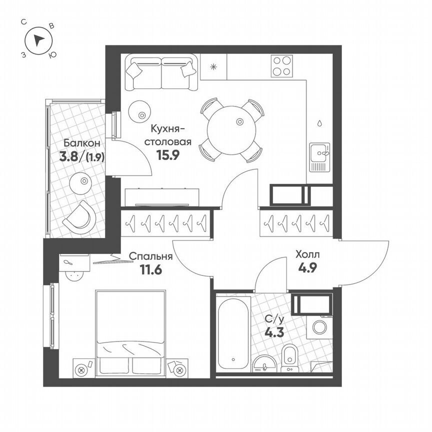 1-к. квартира, 38,6 м², 5/12 эт.