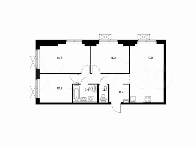 3-к. квартира, 69,1 м², 3/21 эт.