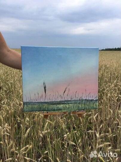 Пейзаж масло холст поле гроза небо закат колос
