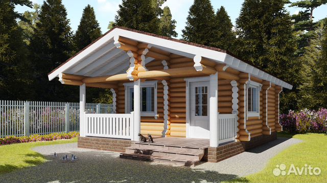 Проект одноэтажного дома из бревна с террасой