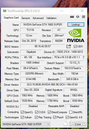 Видеокарта Gigabyte GeForce GTX 1660 Super 6144Mb