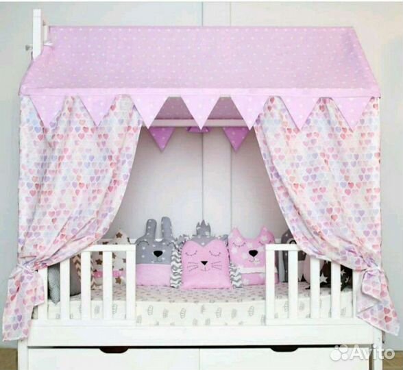 Текстильная крыша и шторки на кровать домик