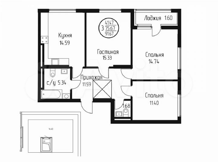 3-к. квартира, 91,6 м², 17/17 эт.