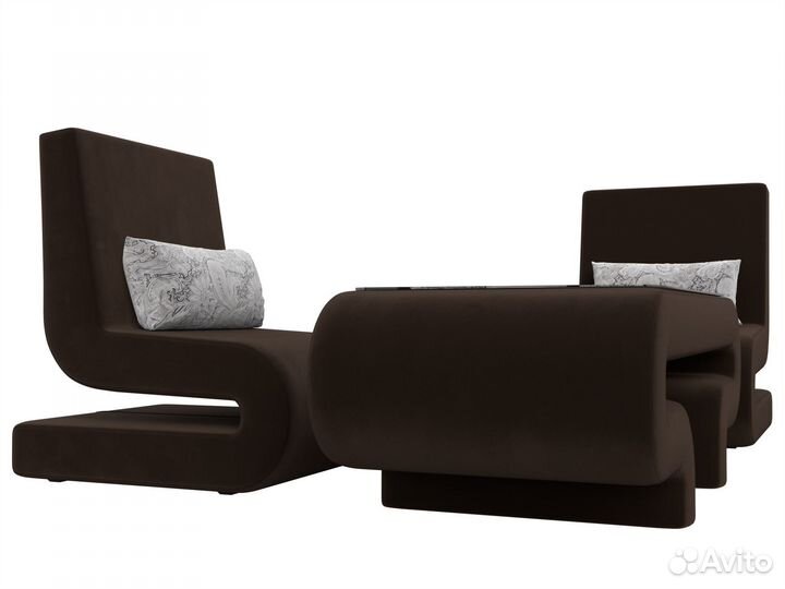 Набор Волна-3 (стол, 2 кресла), микровельвет, коричневый