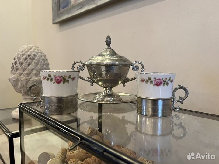 Антикварная пара демитас. Олово/фарфор