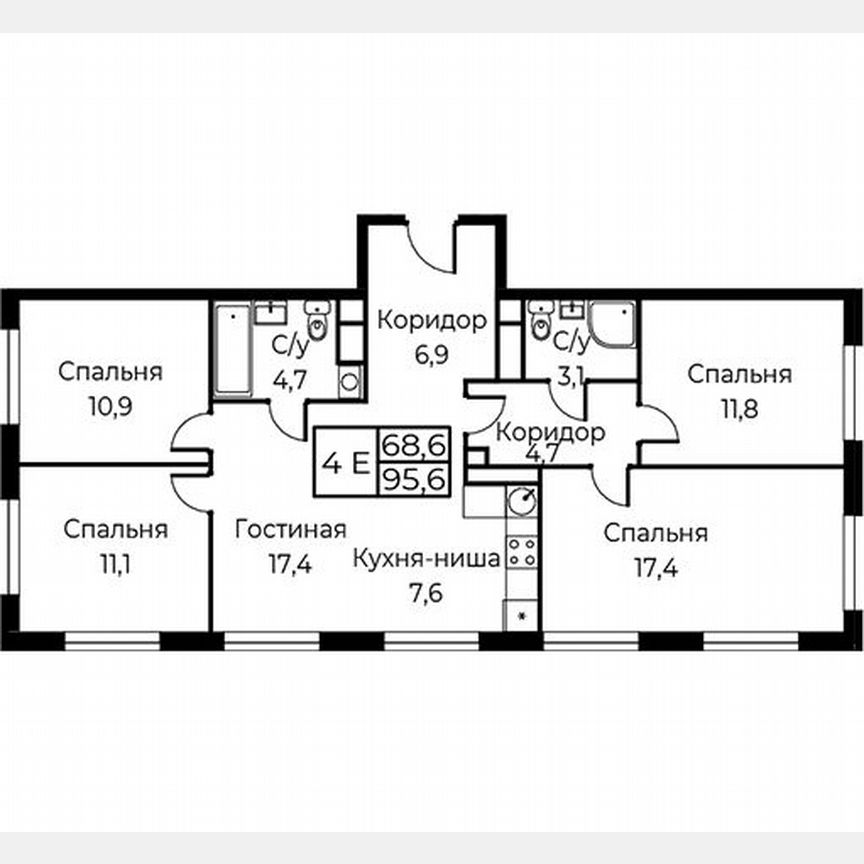 4-к. апартаменты, 95,6 м², 3/30 эт.