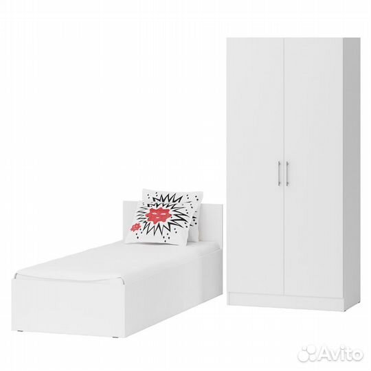 Кровать белая односпальная 800 со шкафом для одежды 2-х створчатым Стандарт, цвет белый, спальное ме