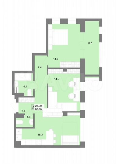 2-к. квартира, 65,2 м², 10/31 эт.