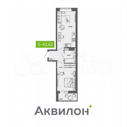 1-к. квартира, 42,6 м², 9/9 эт.