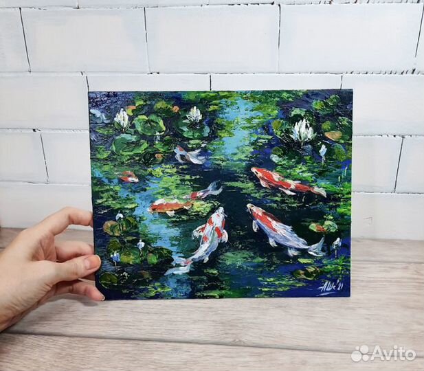 Картина пруд с рыбами Этюд Карпы Кои Лилии Пейзаж