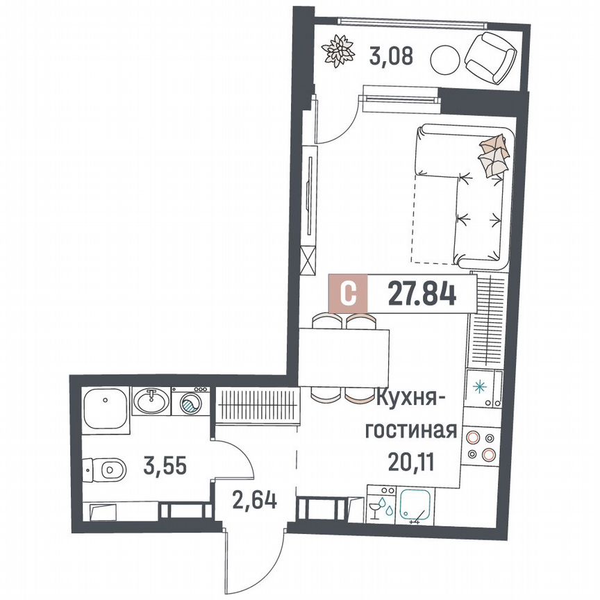 Квартира-студия, 27,8 м², 17/18 эт.