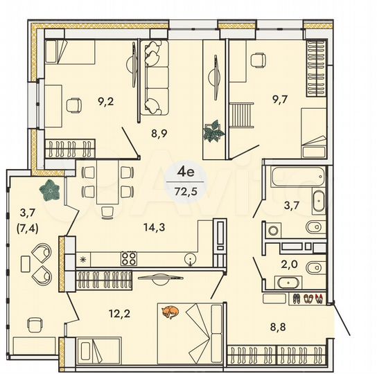 4-к. квартира, 72,5 м², 12/16 эт.