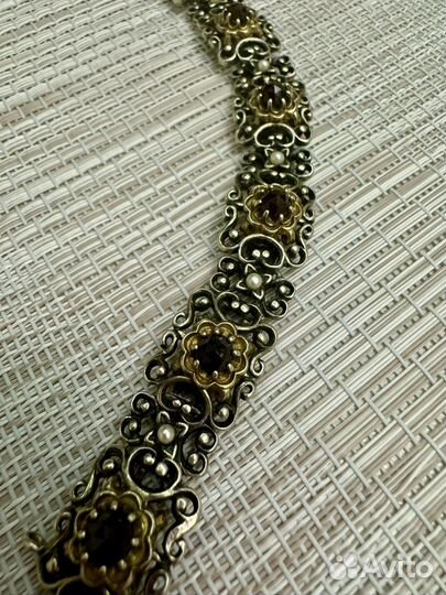 Браслет серебро гранат жемчуг антик