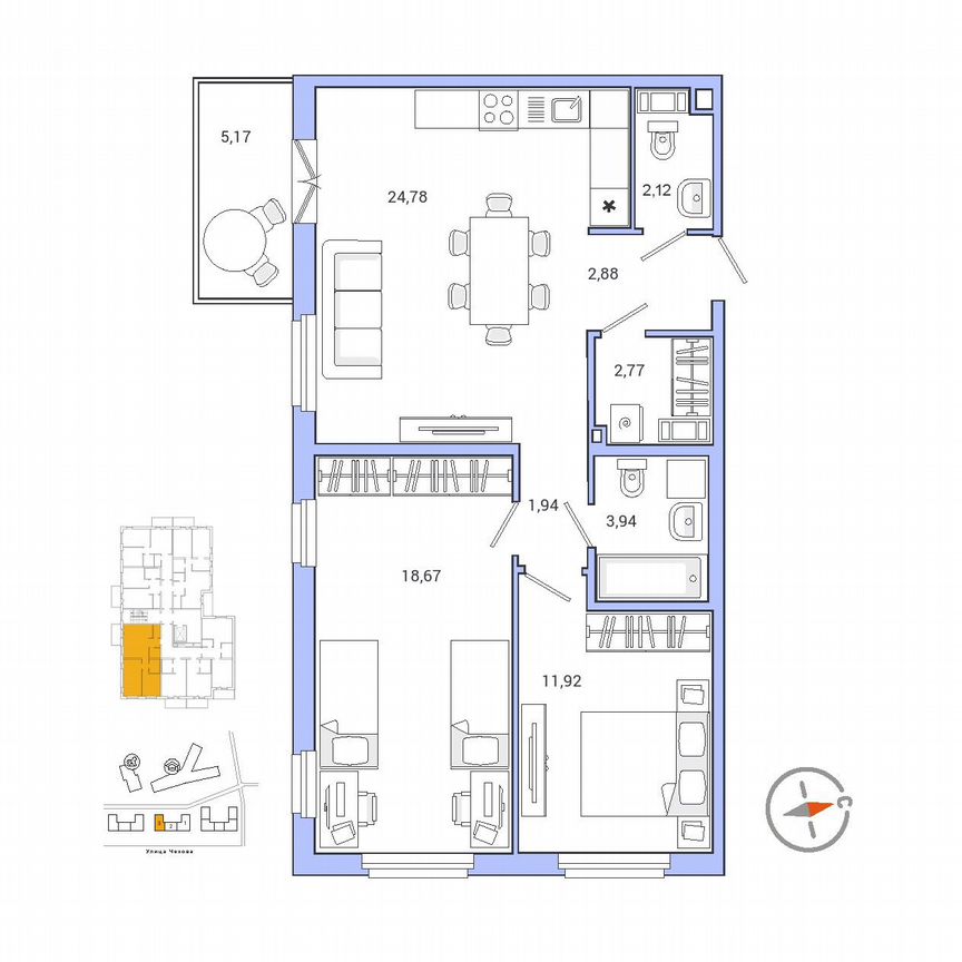 2-к. квартира, 70,7 м², 9/9 эт.