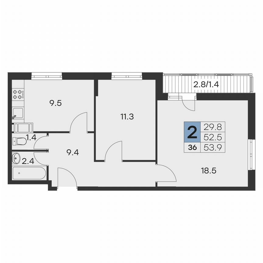 2-к. квартира, 53,9 м², 7/9 эт.