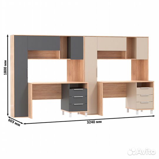 Два компьютерных стола Mobi Комфорт 12.95N цвет дуб сонома/сатин/серый, 324х60,3х180 см