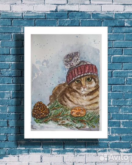Картина акварелью Новогодний кот
