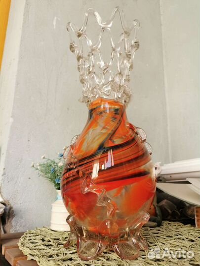 Ваза для цветов большая гутное стекло винтаж