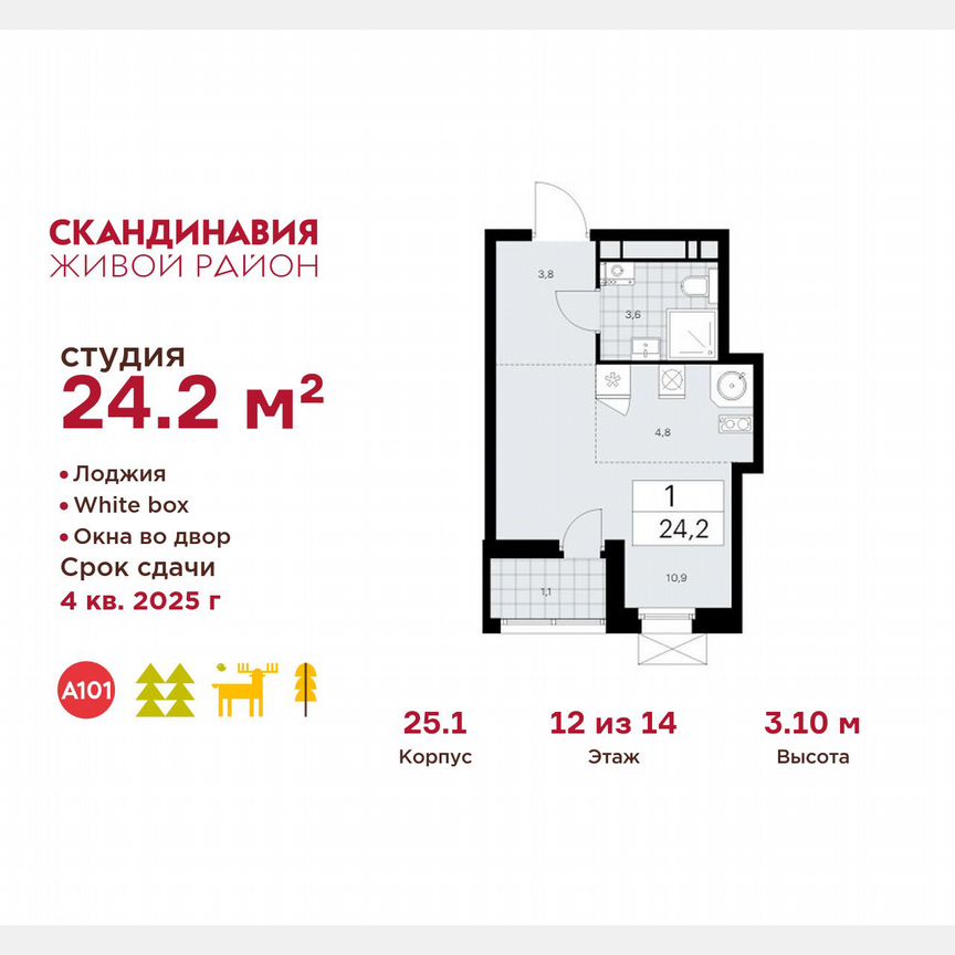 Квартира-студия, 24,2 м², 12/14 эт.
