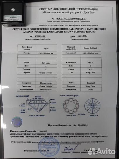 Бриллиант в кольцо на помолвку Масса 1,08 кар