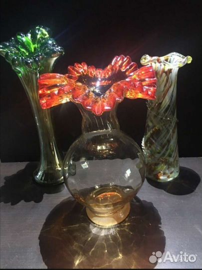 Вазы. 7 штук. Цветное стекло, хрусталь. Винтаж