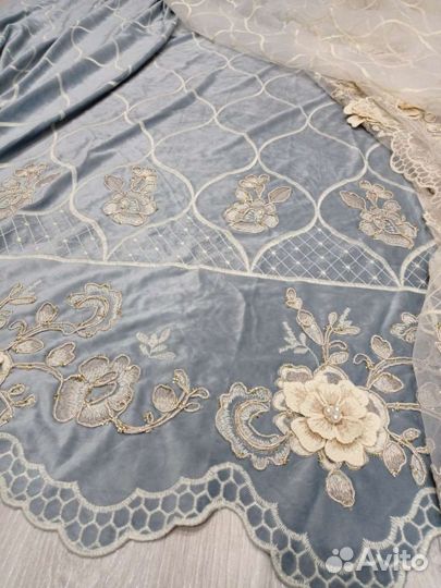 Шторы серо-голубой бархат,тюль компальоны 3D оаэ