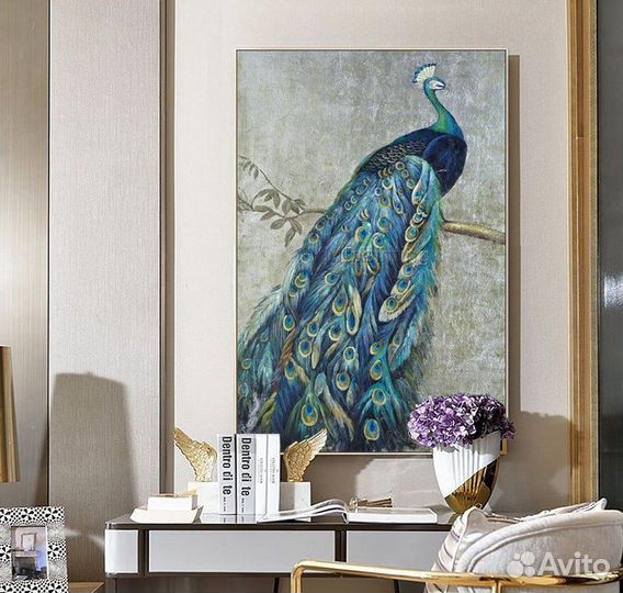 Синяя Картина маслом с павлином. Павлин
