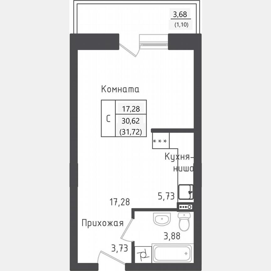 Квартира-студия, 31,7 м², 1/5 эт.