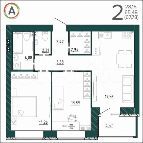 2-к. квартира, 67,8 м², 9/9 эт.
