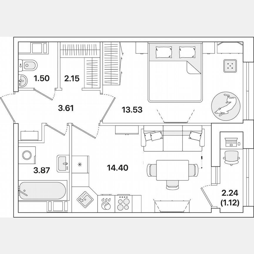 1-к. квартира, 40,2 м², 6/12 эт.