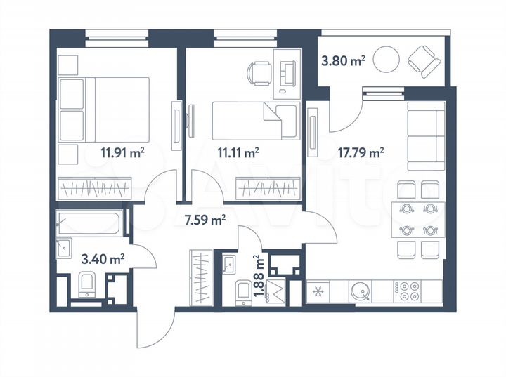 3-к. квартира, 55,6 м², 4/25 эт.