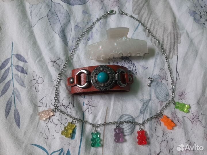 Крабик для волос браслет кожаный подвеска мишки