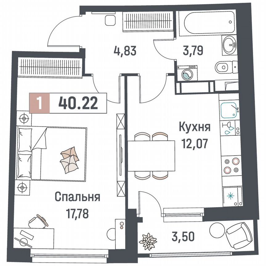 1-к. квартира, 40,2 м², 17/18 эт.