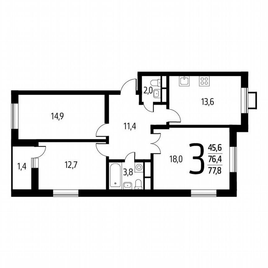 3-к. квартира, 77,8 м², 8/9 эт.