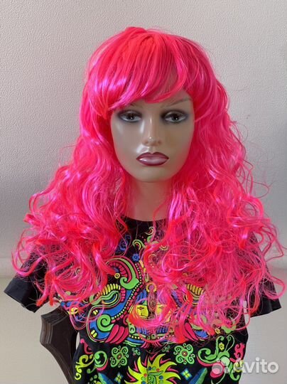 Парик кудрявый красный, малиновый розовый флюрный