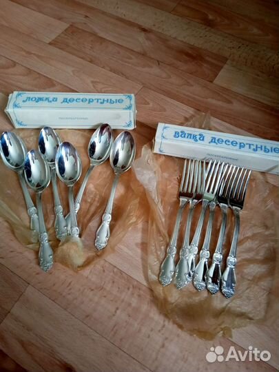 Десертный набор, ложки и вилки, посеребренные