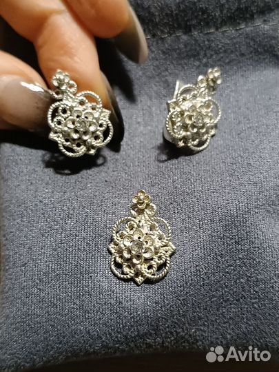 Серьги и подвеска комплект серебро филигрань СССР