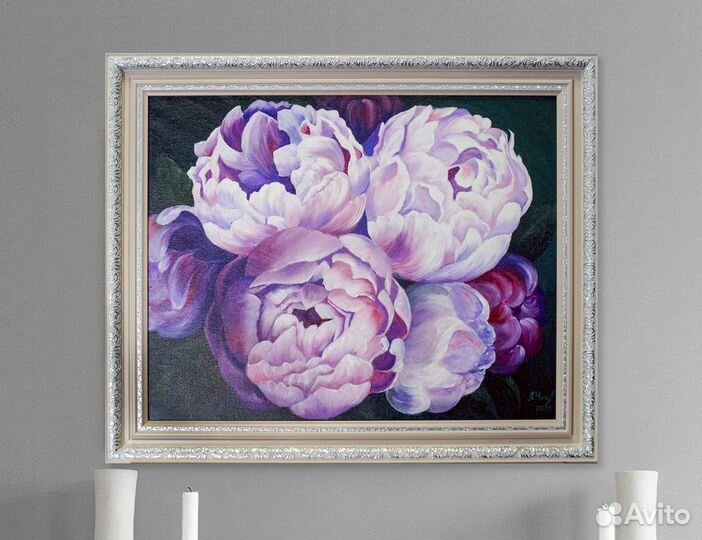 Картина розовые цветы Пионы в раме