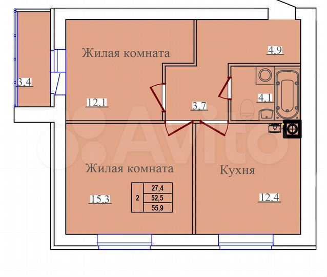 2-к. квартира, 55,9 м², 8/14 эт.