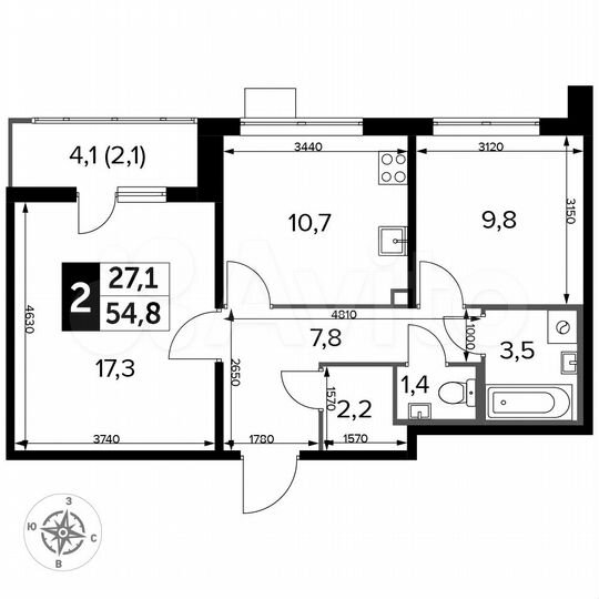 2-к. квартира, 54,8 м², 15/25 эт.