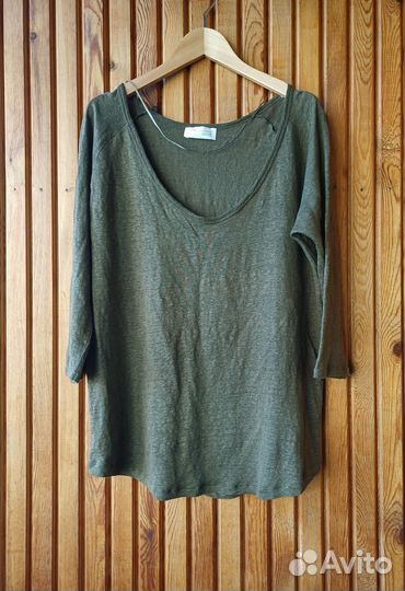 Лонгслив Zara льняная футболка топ L 48 лен 100