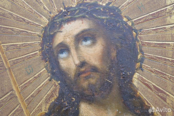 Икона 19 века Спаситель в терновом венце,живопись
