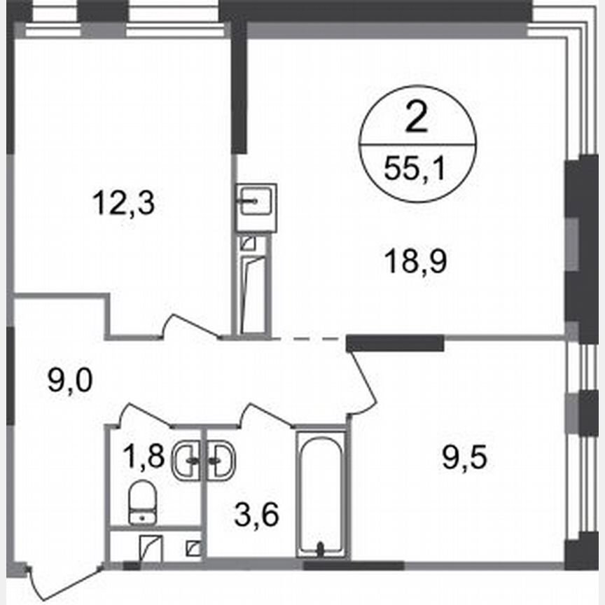 2-к. квартира, 55,1 м², 18/19 эт.
