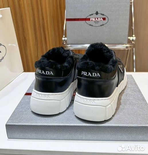 Кеды мужские Prada кожа, мех натуральный