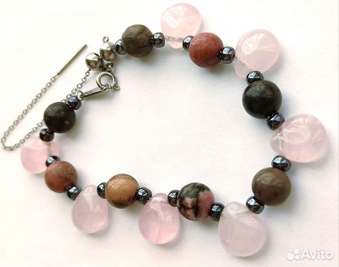 Браслет из натурального Родонита и Розового Кварца