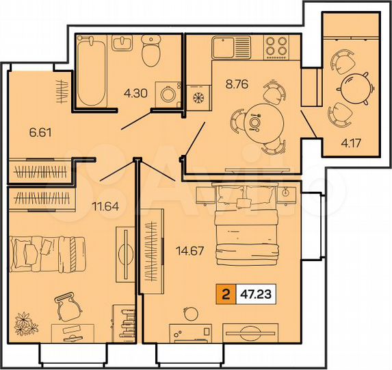 2-к. квартира, 47,2 м², 1/9 эт.