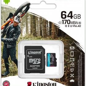 MicroSD 64 Гб, Kingston GO, V30, A2, запись 70 мб